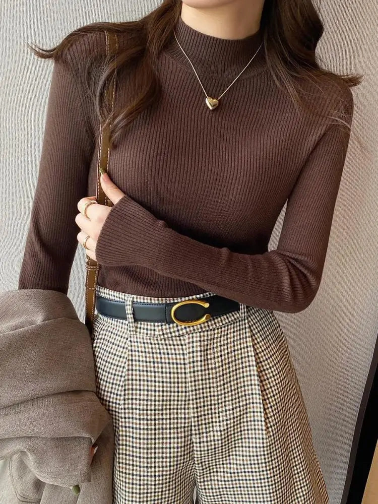 Autumn Winter Mock Neck Women Sweater Vintage Basic Knitted Chic Pullover Tops