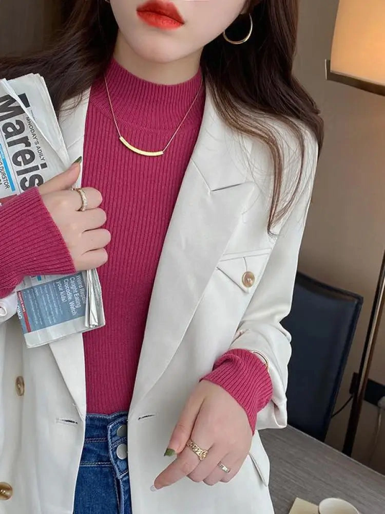 Autumn Winter Mock Neck Women Sweater Vintage Basic Knitted Chic Pullover Tops