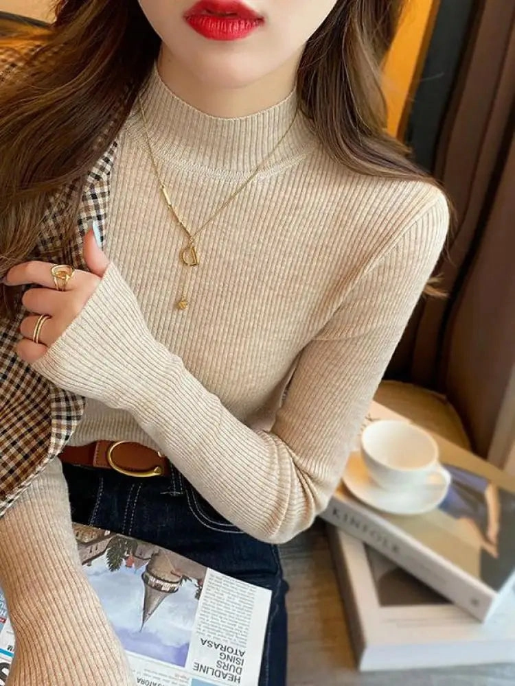 Autumn Winter Mock Neck Women Sweater Vintage Basic Knitted Chic Pullover Tops