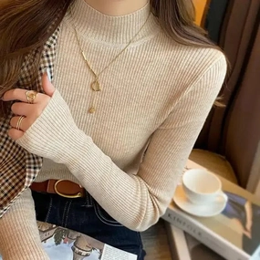 Autumn Winter Mock Neck Women Sweater Vintage Basic Knitted Chic Pullover Tops
