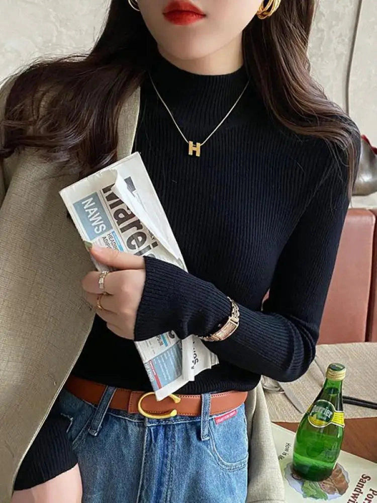 Autumn Winter Mock Neck Women Sweater Vintage Basic Knitted Chic Pullover Tops