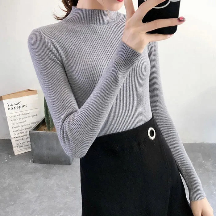 Autumn Winter Mock Neck Women Sweater Vintage Basic Knitted Chic Pullover Tops