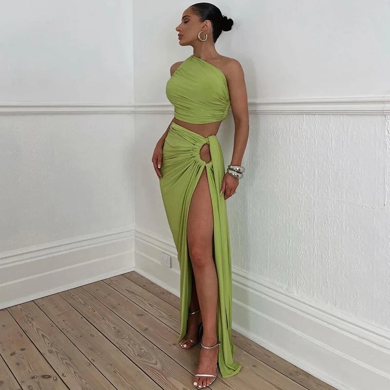 Autumn Winter One Shoulder Backless Crop Top and Long Skirt Set for Women Sexy Club Party Outfits