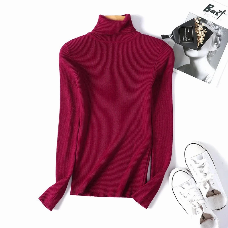 Autumn Winter Women Long Sleeve Turtleneck Ribbed Sweater Soft Warm Jumper Pullover Clothes