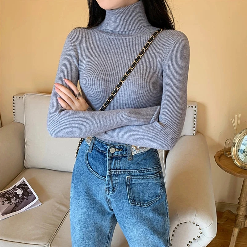 Autumn Winter Women Long Sleeve Turtleneck Ribbed Sweater Soft Warm Jumper Pullover Clothes