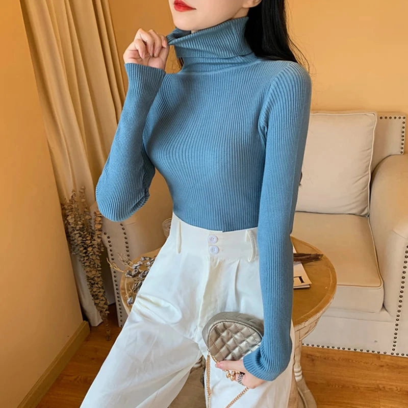 Autumn Winter Women Long Sleeve Turtleneck Ribbed Sweater Soft Warm Jumper Pullover Clothes
