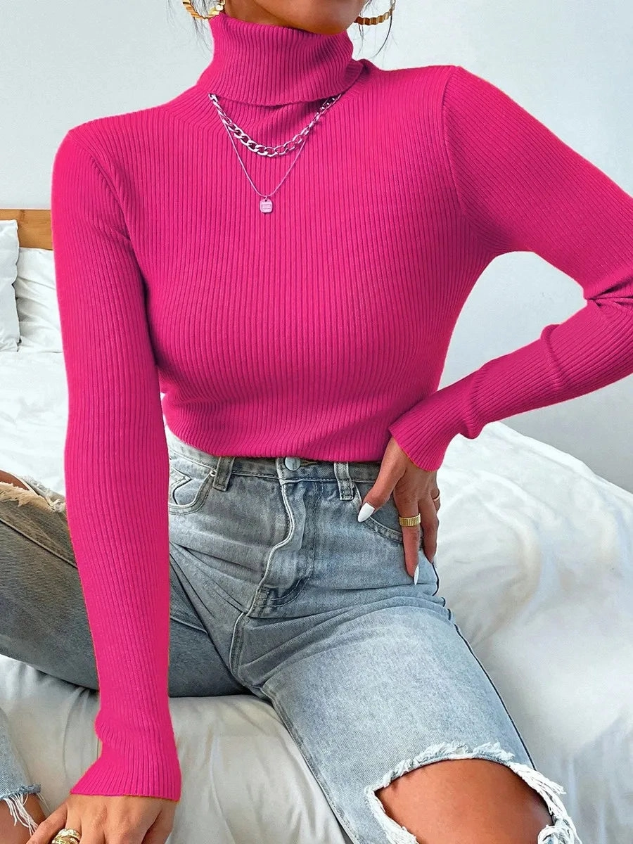 Autumn Winter Women Long Sleeve Turtleneck Ribbed Sweater Soft Warm Jumper Pullover Clothes