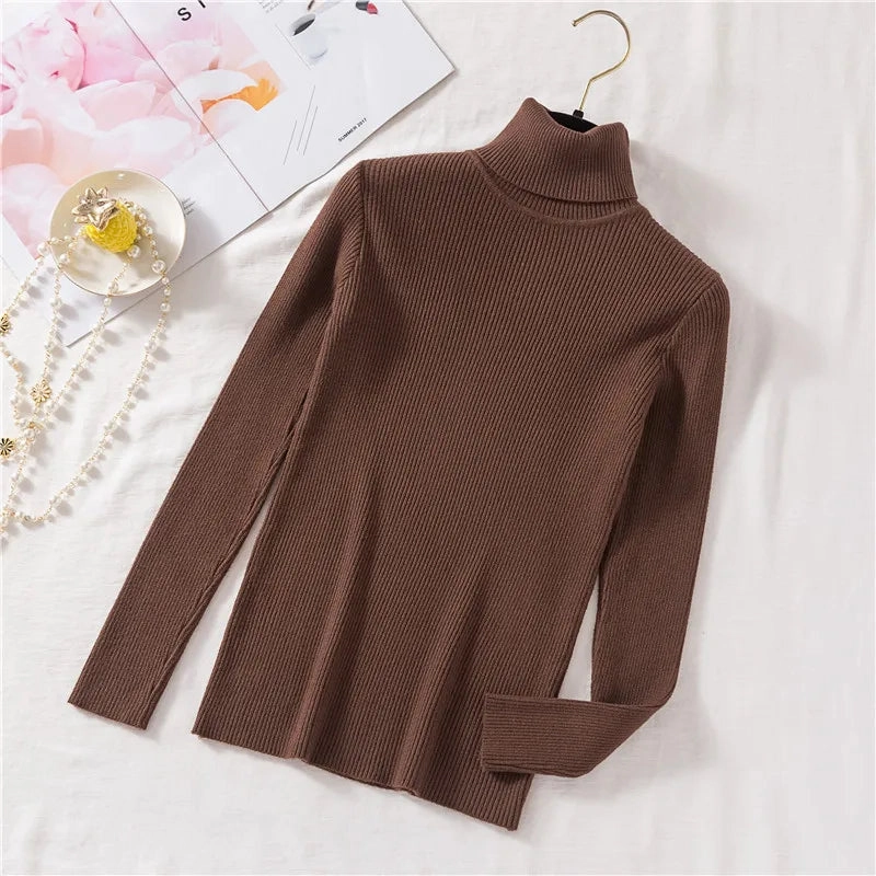 Autumn Winter Women Long Sleeve Turtleneck Ribbed Sweater Soft Warm Jumper Pullover Clothes