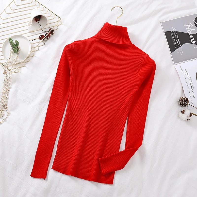 Autumn Winter Women Long Sleeve Turtleneck Ribbed Sweater Soft Warm Jumper Pullover Clothes