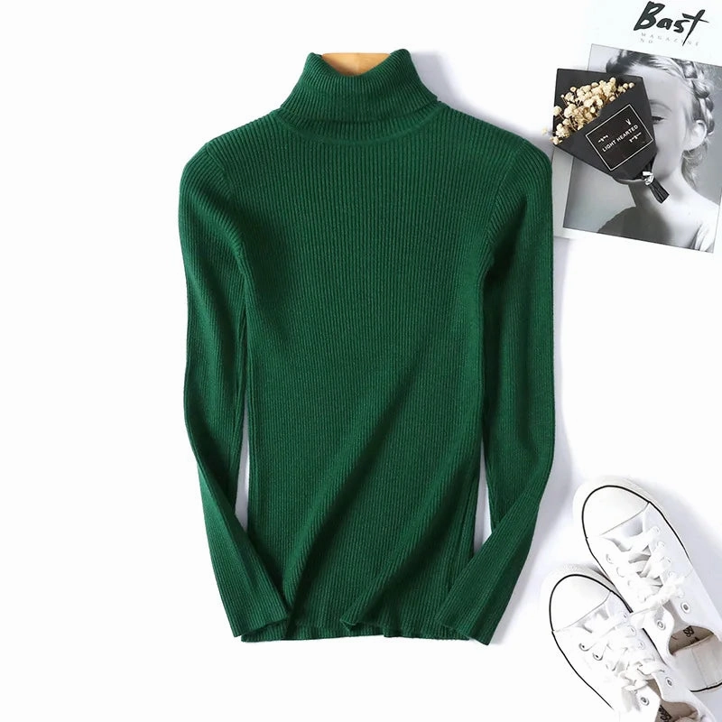 Autumn Winter Women Long Sleeve Turtleneck Ribbed Sweater Soft Warm Jumper Pullover Clothes