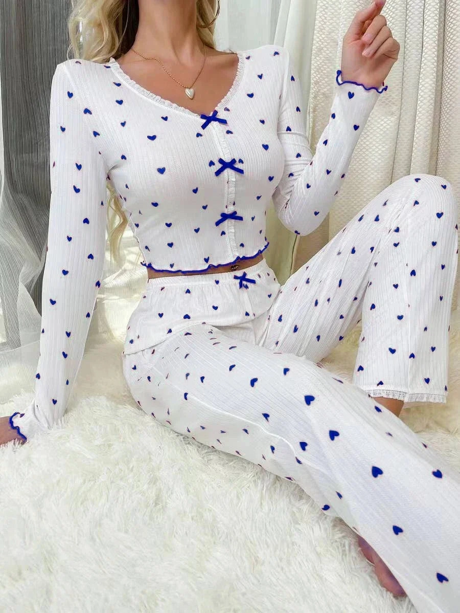 Autumn Winter Women Pajama Set Lace V-Neck Bow Long Sleeve Loungewear Outfit