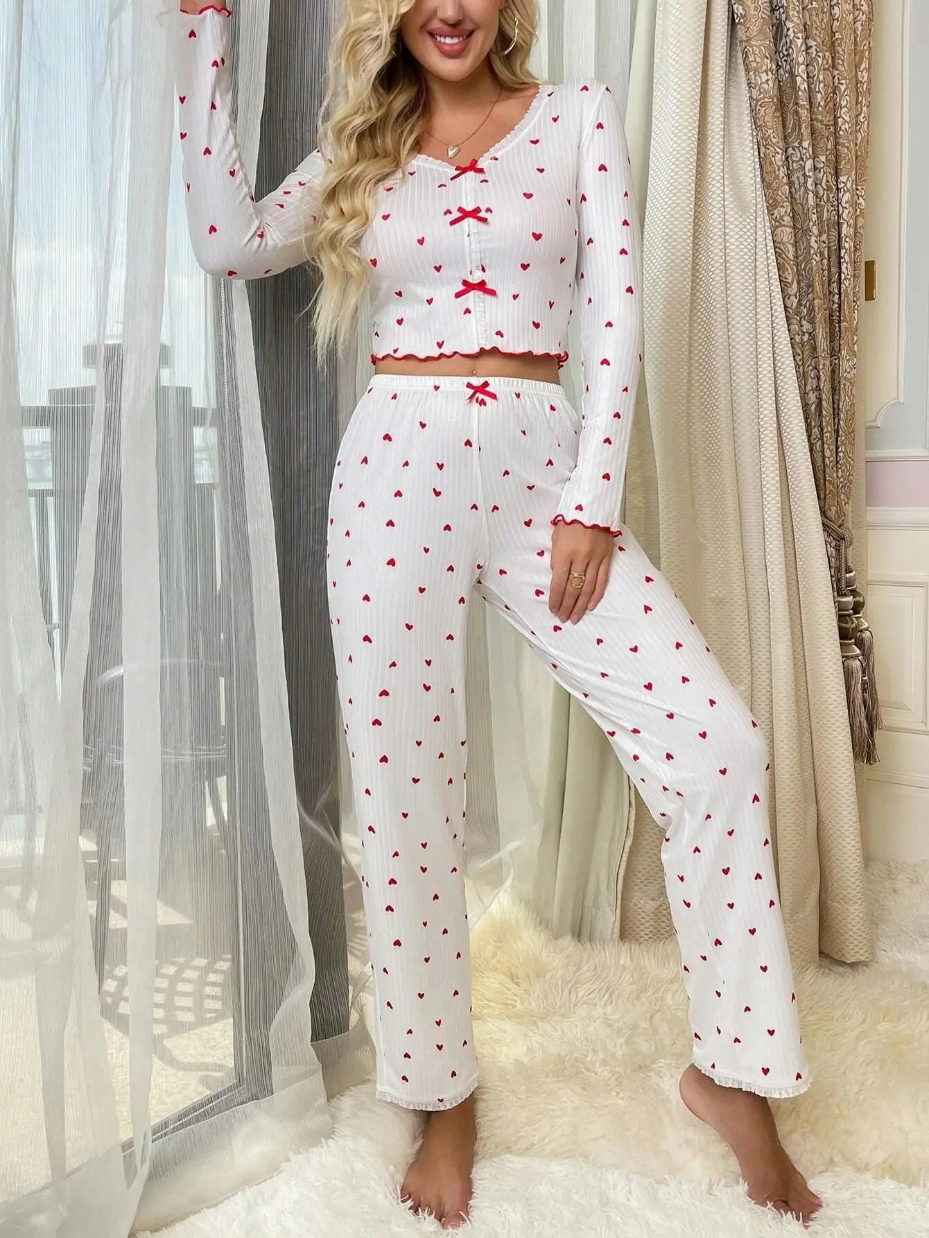 Autumn Winter Women Pajama Set Lace V-Neck Bow Long Sleeve Loungewear Outfit