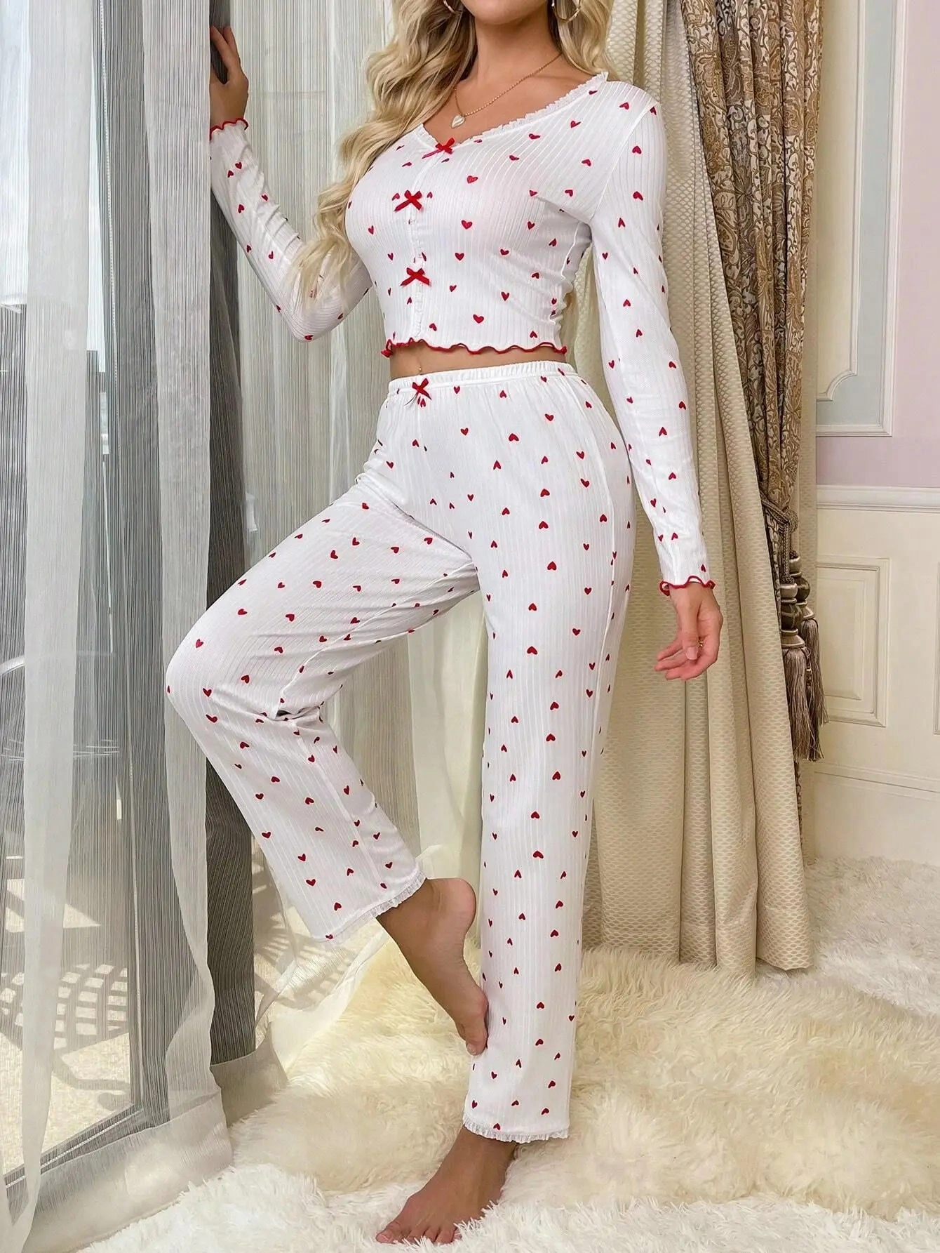 Autumn Winter Women Pajama Set Lace V-Neck Bow Long Sleeve Loungewear Outfit