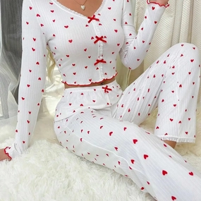 Autumn Winter Women Pajama Set Lace V-Neck Bow Long Sleeve Loungewear Outfit