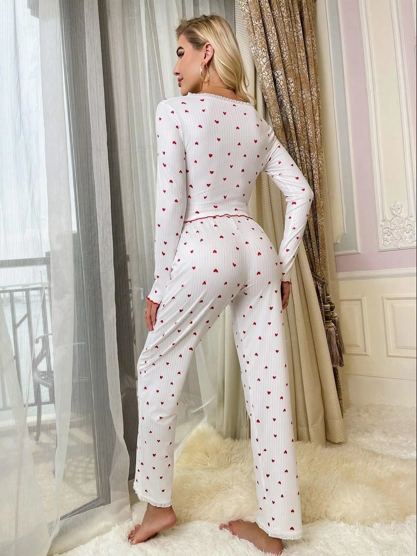 Autumn Winter Women Pajama Set Lace V-Neck Bow Long Sleeve Loungewear Outfit