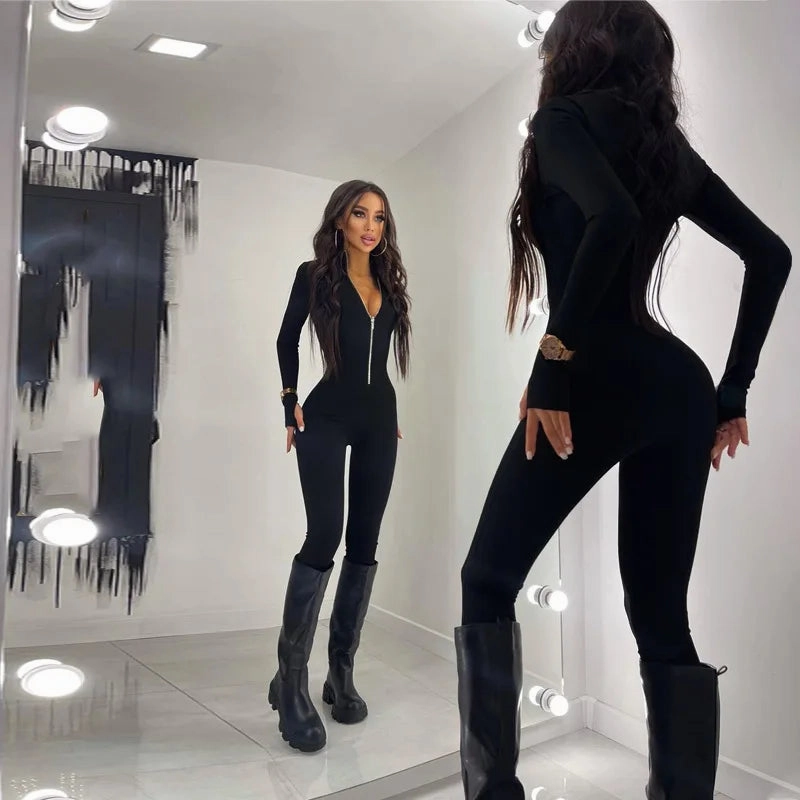 Autumn/Winter Women's Deep V-Neck Long Sleeve Slimming Yoga Street Wear Black Jumpsuit