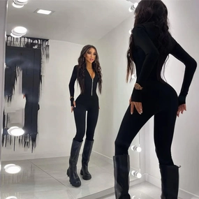 Autumn/Winter Women's Deep V-Neck Long Sleeve Slimming Yoga Street Wear Black Jumpsuit