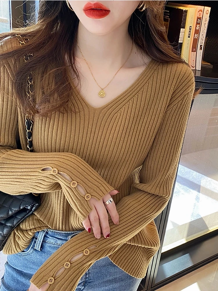 Autumn Winter Women Sweaters Long Sleeve V Neck Button Pullover Fashion Tops