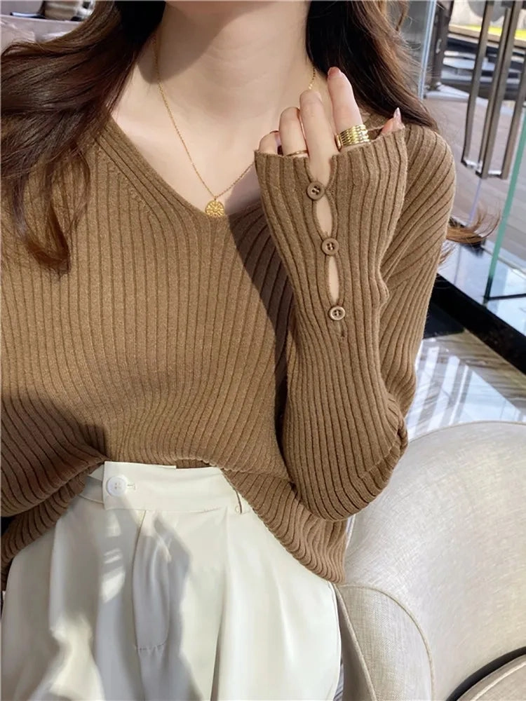 Autumn Winter Women Sweaters Long Sleeve V Neck Button Pullover Fashion Tops