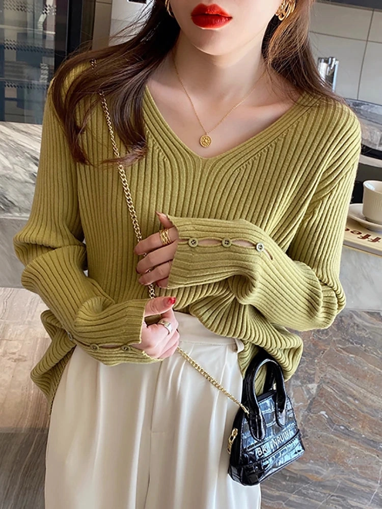 Autumn Winter Women Sweaters Long Sleeve V Neck Button Pullover Fashion Tops
