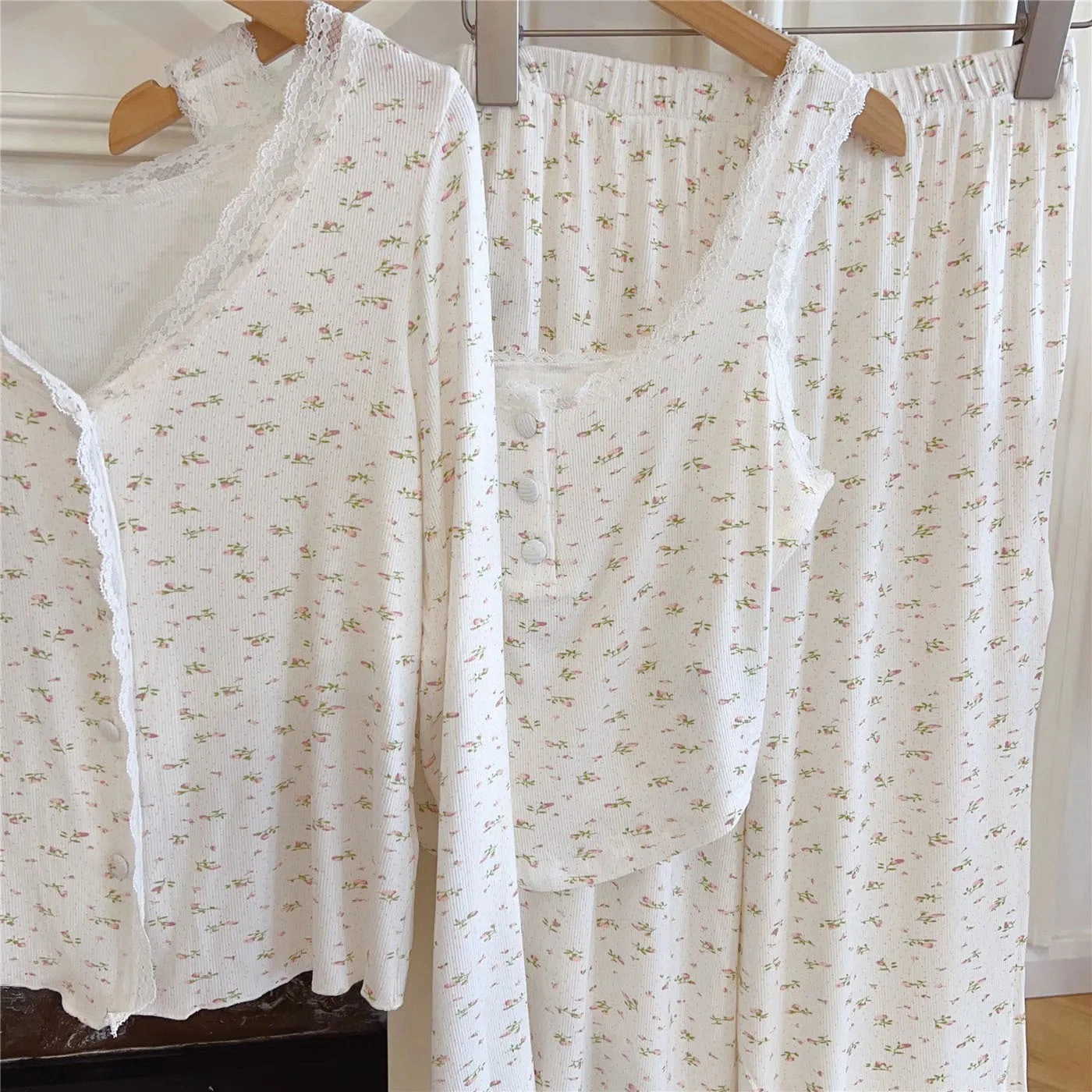 Autumn Women's Pajamas Sets Sleepwear 3 Piece Floral Pjs