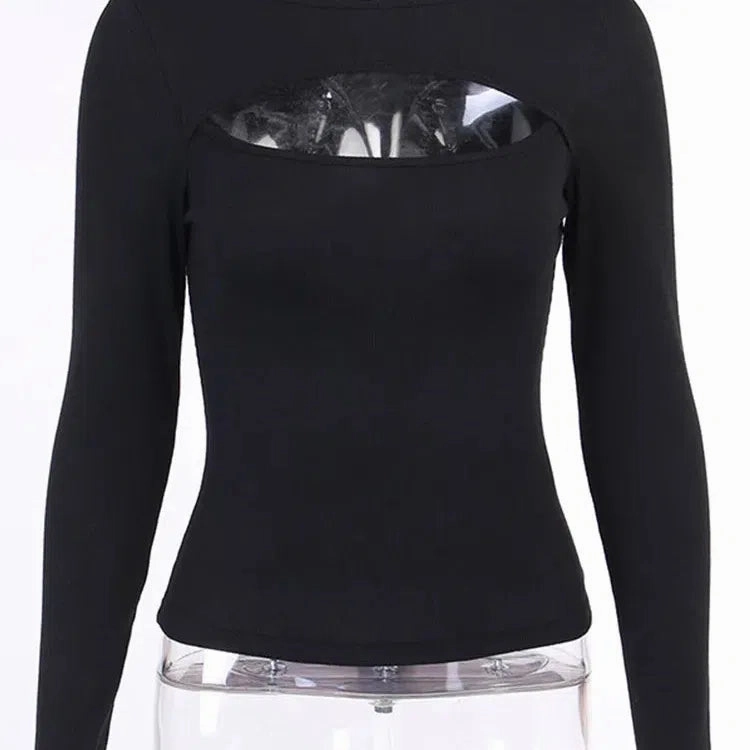 Autumn Women tshirt Hollow Out Solid Black White Long Sleeve Knitted Tee Tops Casual Slim O Neck Fashion t shirt
