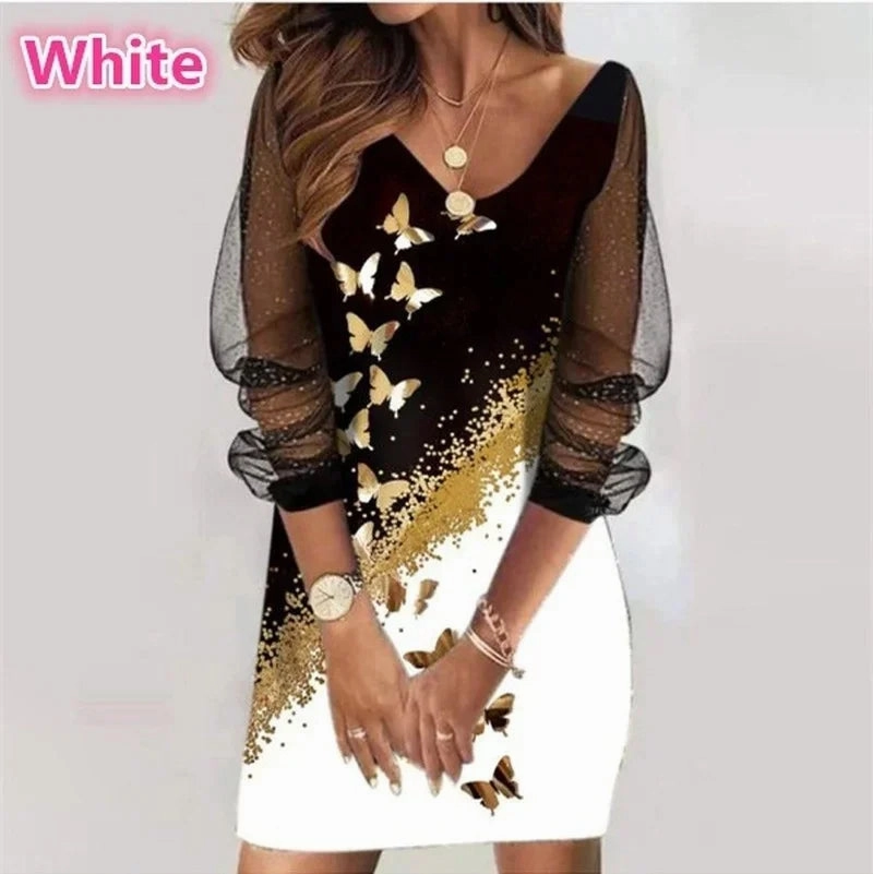 Autumn Womens Dress V-neck Heart Print Butterfly Long Sleeve