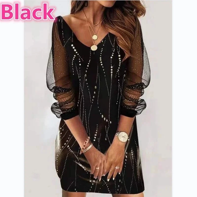 Autumn Womens Dress V-neck Heart Print Butterfly Long Sleeve