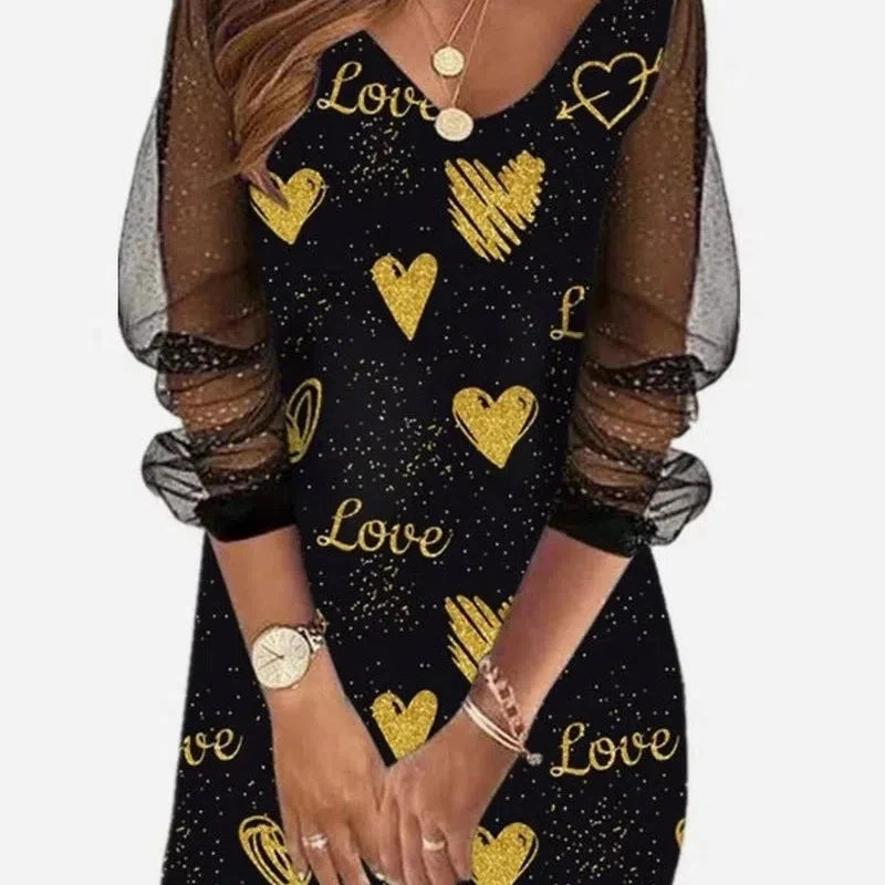 Autumn Womens Dress V-neck Heart Print Butterfly Long Sleeve
