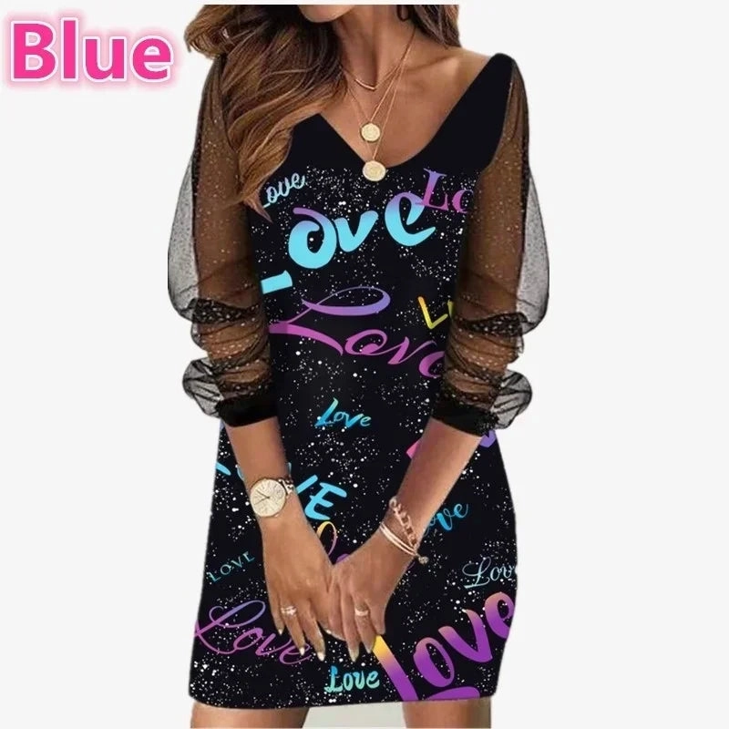 Autumn Womens Dress V-neck Heart Print Butterfly Long Sleeve