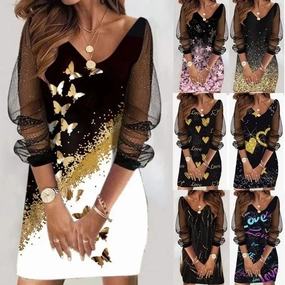 Autumn Womens Dress V-neck Heart Print Butterfly Long Sleeve