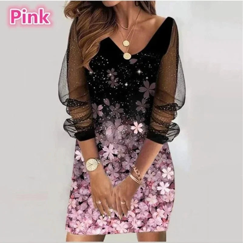 Autumn Womens Dress V-neck Heart Print Butterfly Long Sleeve