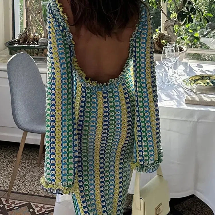 Backless Lace Contrast Women's Dress Long Sleeves Slim Fit