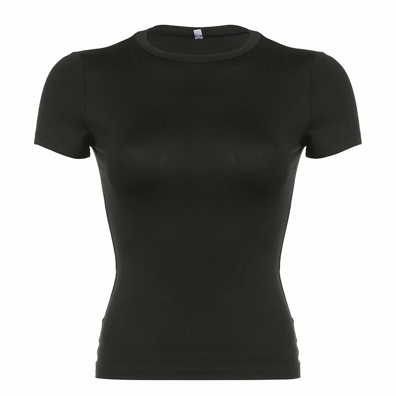 Basic Solid Crop Top Short Sleeve Crewneck Skinny T-shirt Summer Casual Tee for Women Y2K Vintage Top Harajuku Streetwear