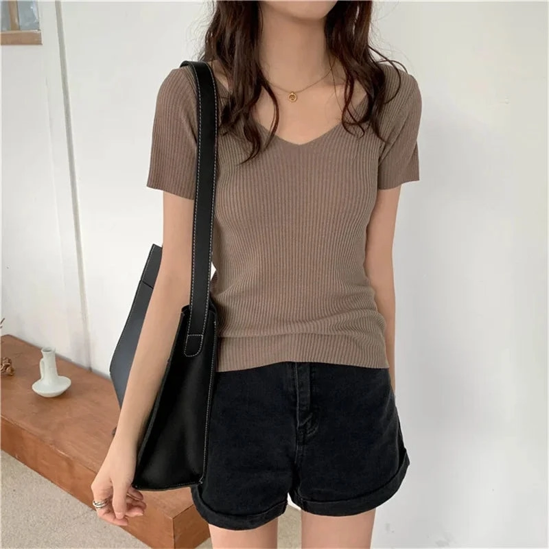 Basic V-neck Solid Thin Summer Pullover Women Sweater Stylish Ribbed Bodycon Design