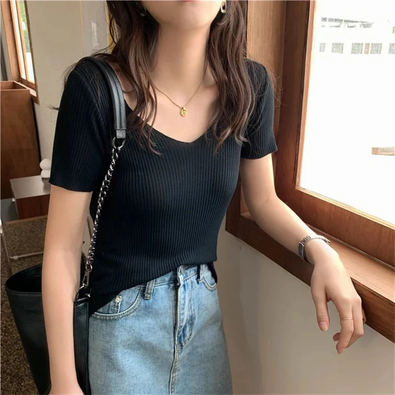 Basic V-neck Solid Thin Summer Pullover Women Sweater Stylish Ribbed Bodycon Design