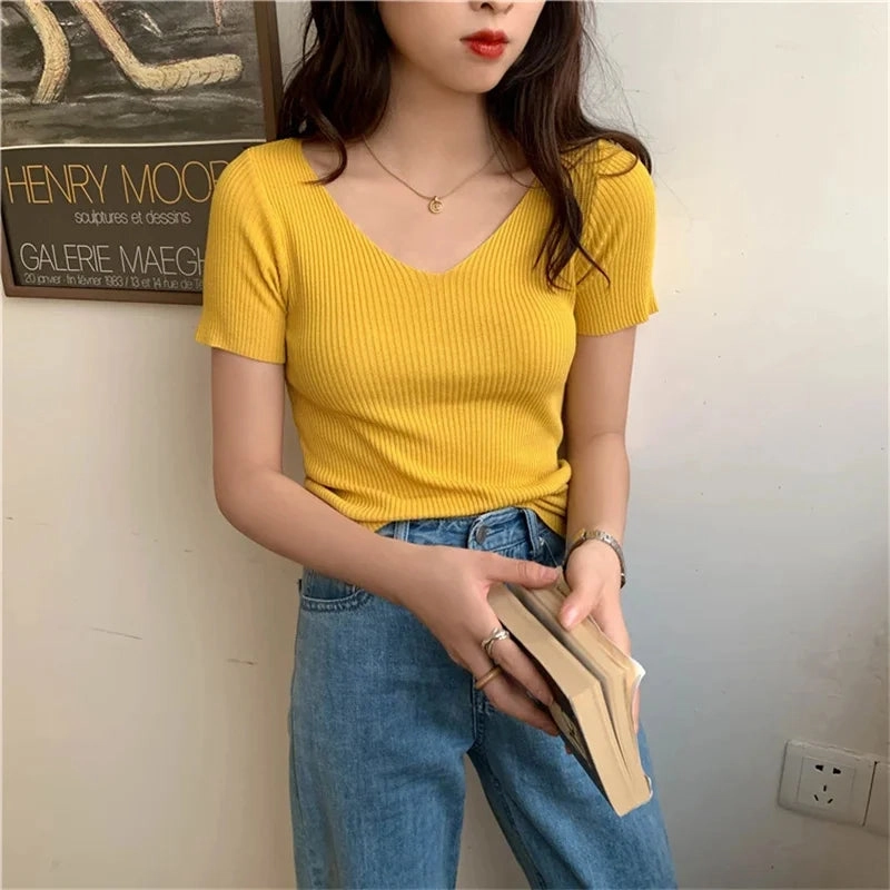 Basic V-neck Solid Thin Summer Pullover Women Sweater Stylish Ribbed Bodycon Design