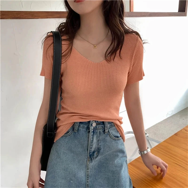 Basic V-neck Solid Thin Summer Pullover Women Sweater Stylish Ribbed Bodycon Design