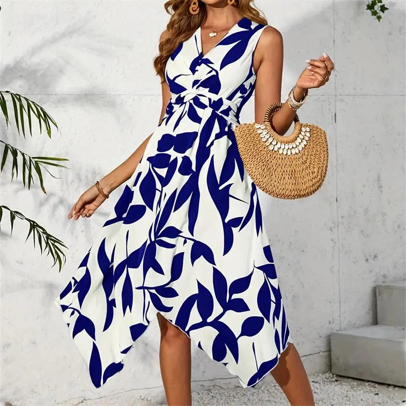 Beach Women Midi Dress Summer Asymmetrical Maxi Long One Piece Elegant Leaf Print Casual Hem Vestidos Female