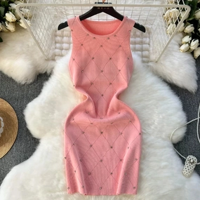 Beading Summer Women's Knitting Sheath Tank Dress - Sleek Bodycon Mini for Effortless Style