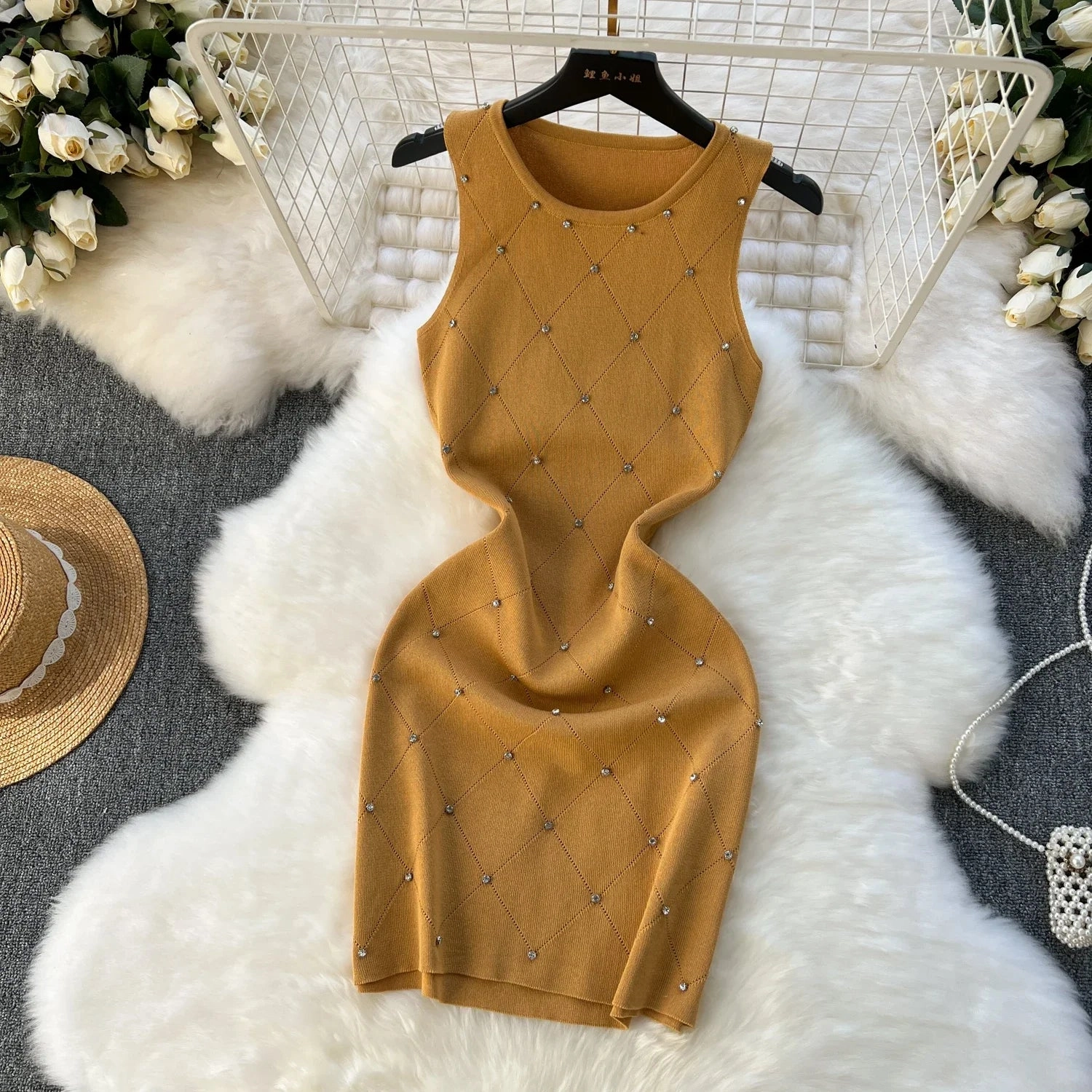 Beading Summer Women's Knitting Sheath Tank Dress - Sleek Bodycon Mini for Effortless Style