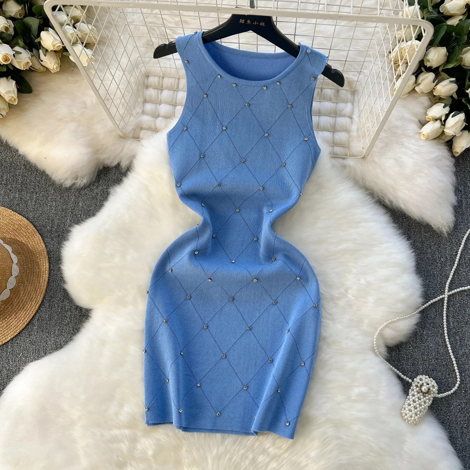 Beading Summer Women's Knitting Sheath Tank Dress - Sleek Bodycon Mini for Effortless Style