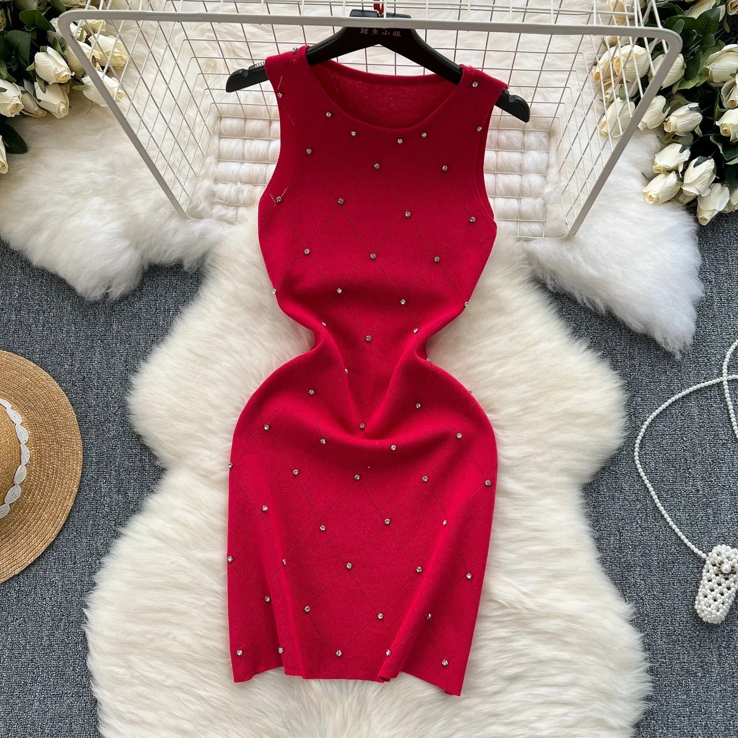 Beading Summer Women's Knitting Sheath Tank Dress - Sleek Bodycon Mini for Effortless Style