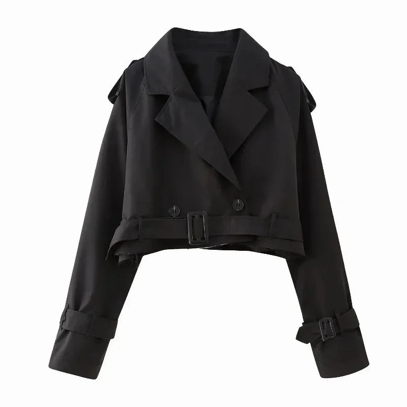 Belt Cropped Trench Spring Jacket Women Vintage Streetwear