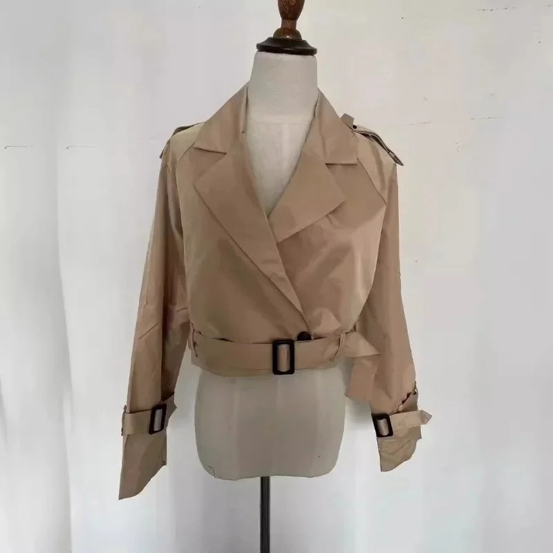 Belt Cropped Trench Spring Jacket Women Vintage Streetwear