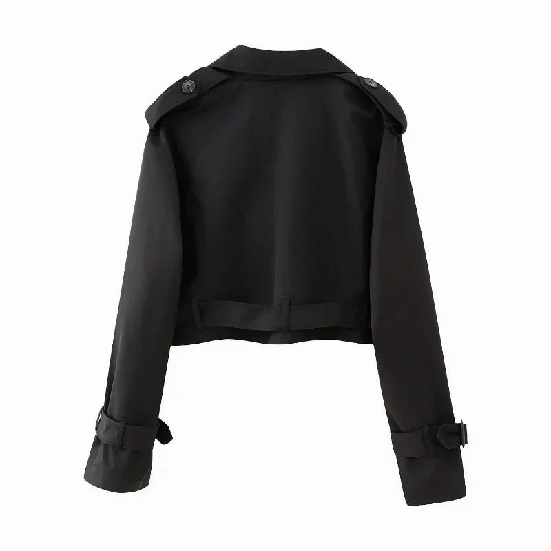 Belt Cropped Trench Spring Jacket Women Vintage Streetwear Double Breasted Long Sleeve Top Female Coat Outfits