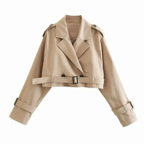 Belt Cropped Trench Spring Jacket Women Vintage Streetwear Double Breasted Long Sleeve Top Female Coat Outfits