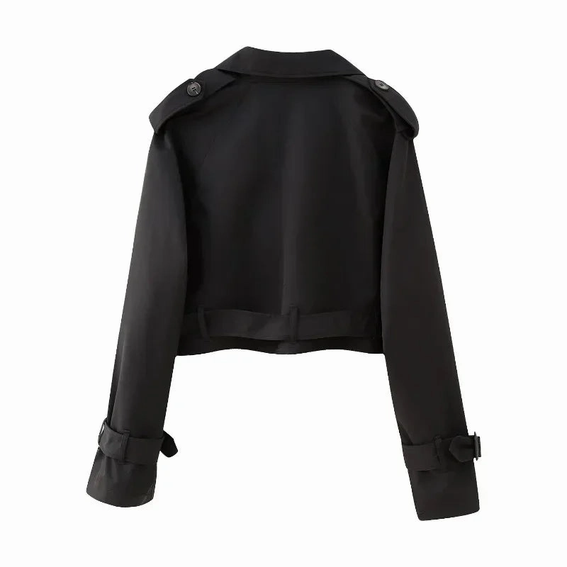 Belt Cropped Trench Spring Jacket Women Vintage Streetwear Double Breasted Long Sleeve Top Female Coat Outfits