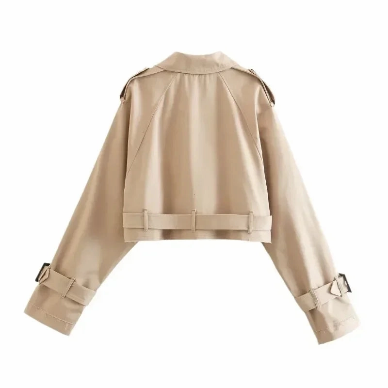 Belt Cropped Trench Spring Jacket Women Vintage Streetwear