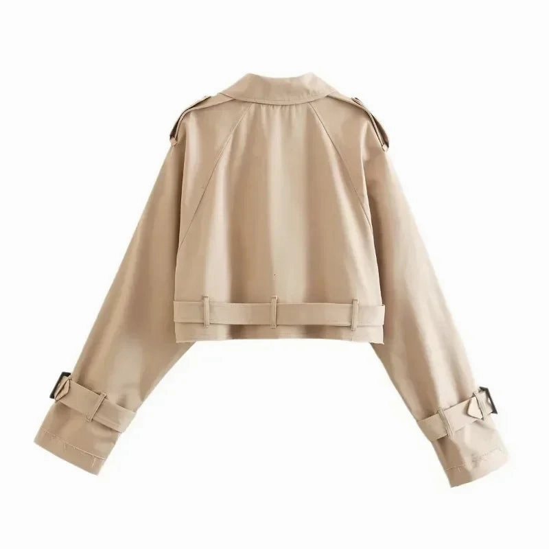 Belt Cropped Trench Spring Jacket Women Vintage Streetwear
